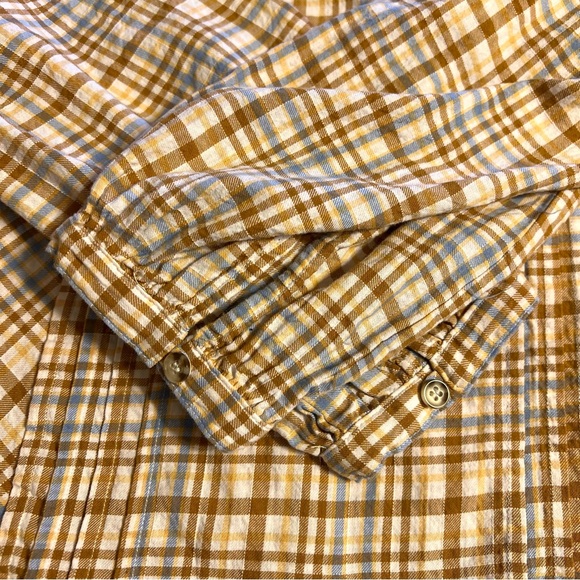 Free People Tan/Blue Plaid Back Button Up Puff Sleeve Blouse Sz S - Picture 8 of 15